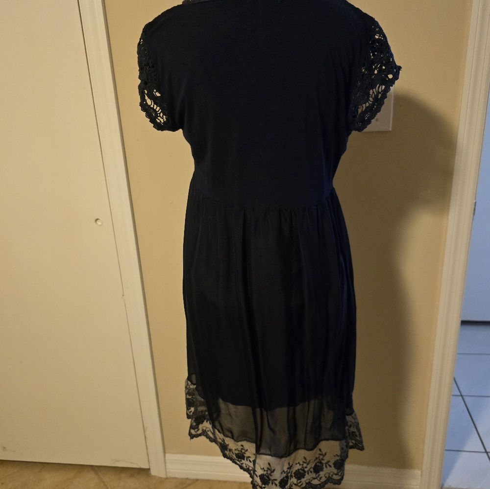 Piazzo Roma Navy Lace Detail Silk Dress L Crocheted Detail Italy Romantic - Picture 3 of 10